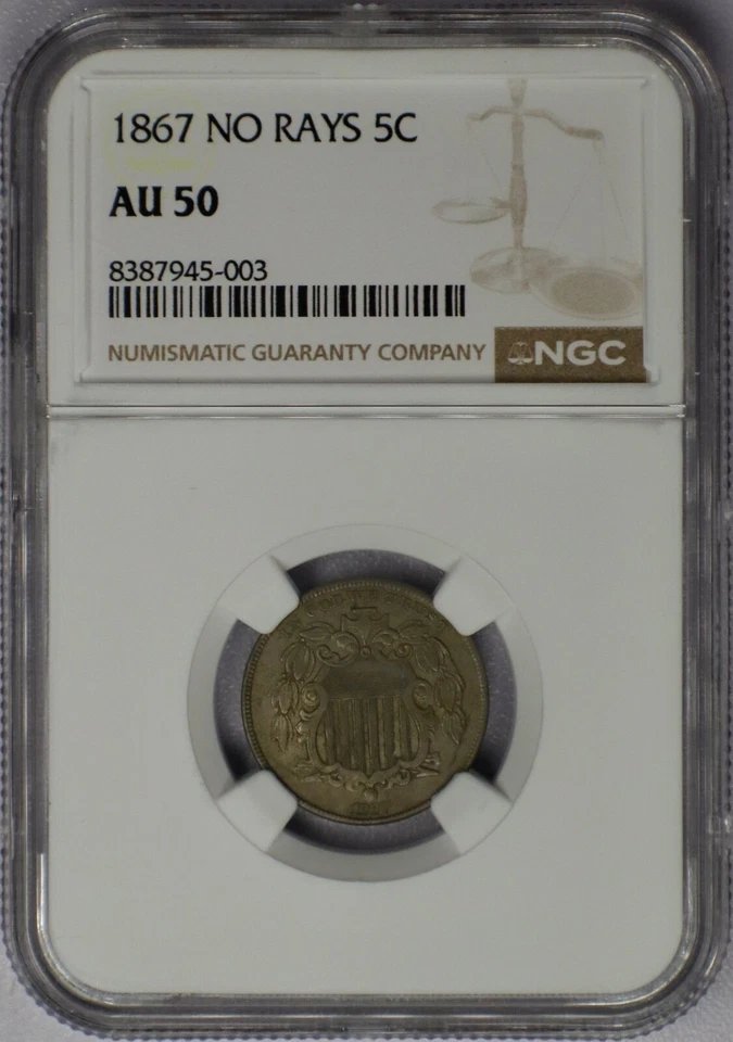1867 No Rays 5c Shield Nickel - NGC AU 50 - Image 3 of 4