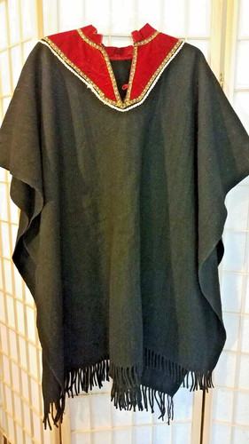 Black Poncho Cape One Size Red Collar Decor Fringed Cosplay Theatre
