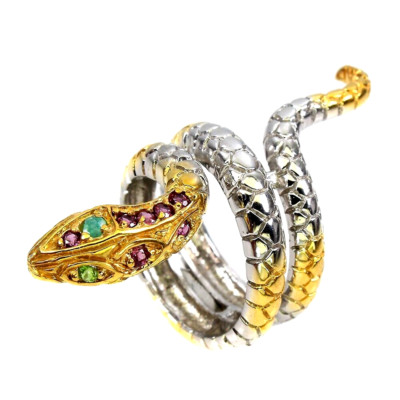 RHODOLITH GRANAT SMARAGD & DIOPSID 2-TONE COBRA RING 925 STERLINGSILBER 14K WGP