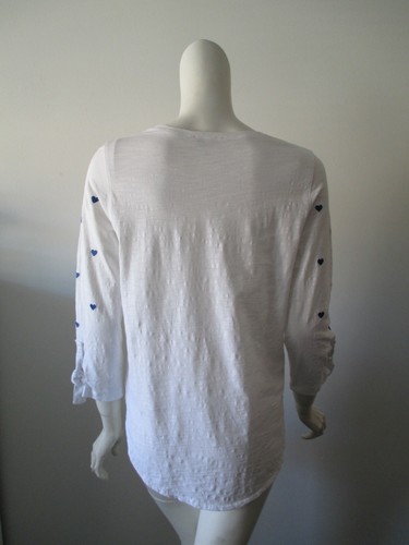 Camisa Top Lisa Todd Blanca Bordada Corazones Azules 3/4 Mangas Corbata Texturizada M - Imagen 2 de 8