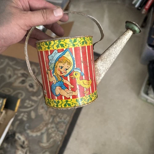 Vintage Ohio Art Child's Tin Litho Toy Watering Can Boy/Turtle  Girl /Duck