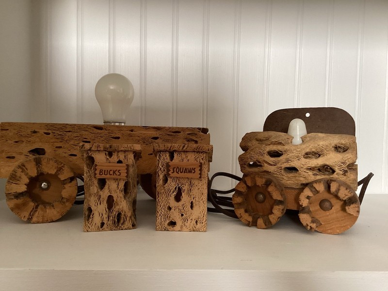 2 Vintage Cholla Cactus Wood Wagon Lamps & Salt & Pepper Set