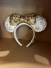 Disney Parks White and Gold Sequin Bow Light up Ears