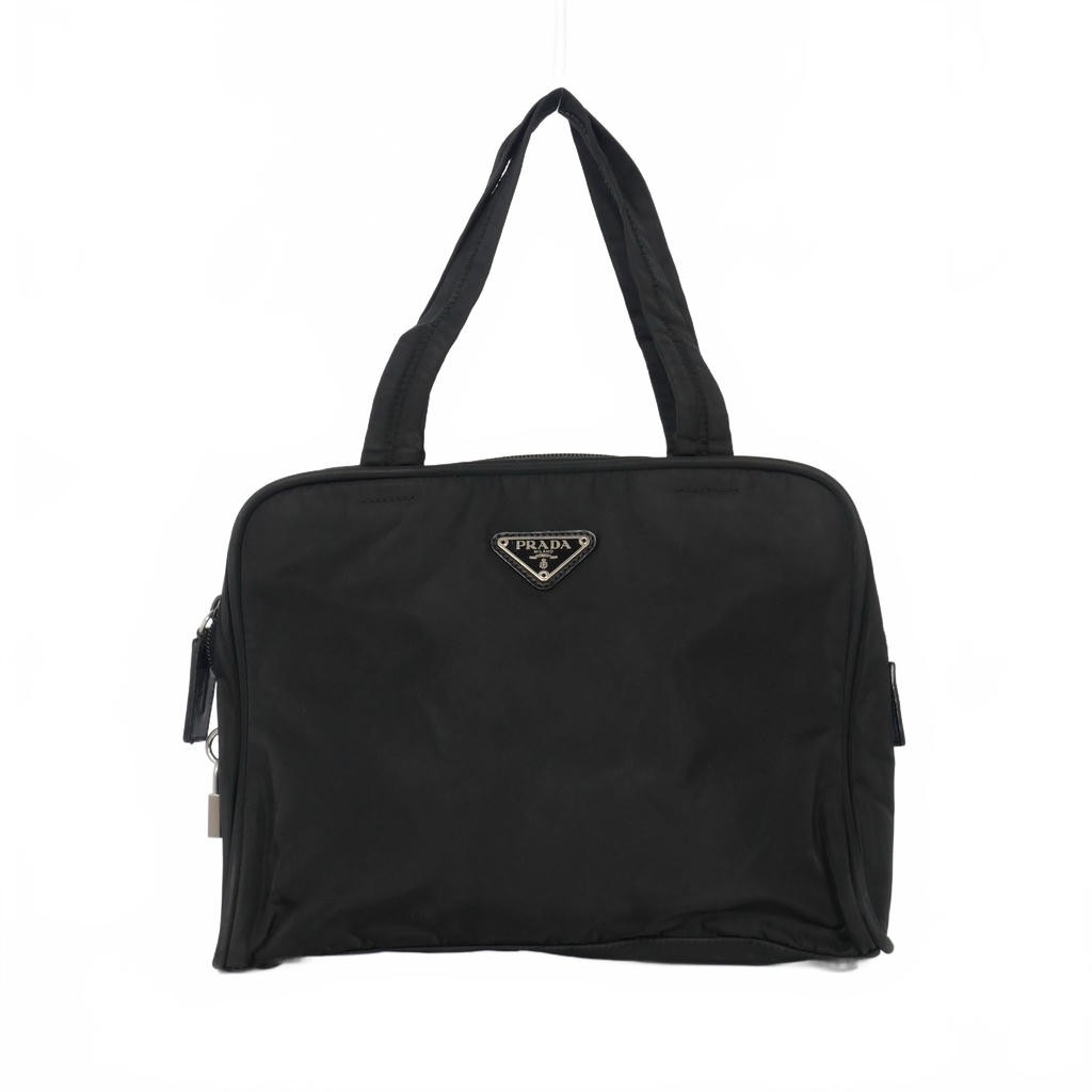 PRADA Triangle Plate Tessuto Handbag Square Black Women s