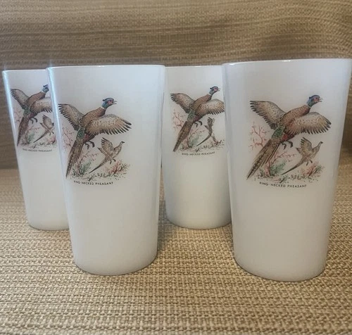 Fire King, Ring-Necked Pheasant Vintage Milk Glass Tumblers Game Birds set of 4