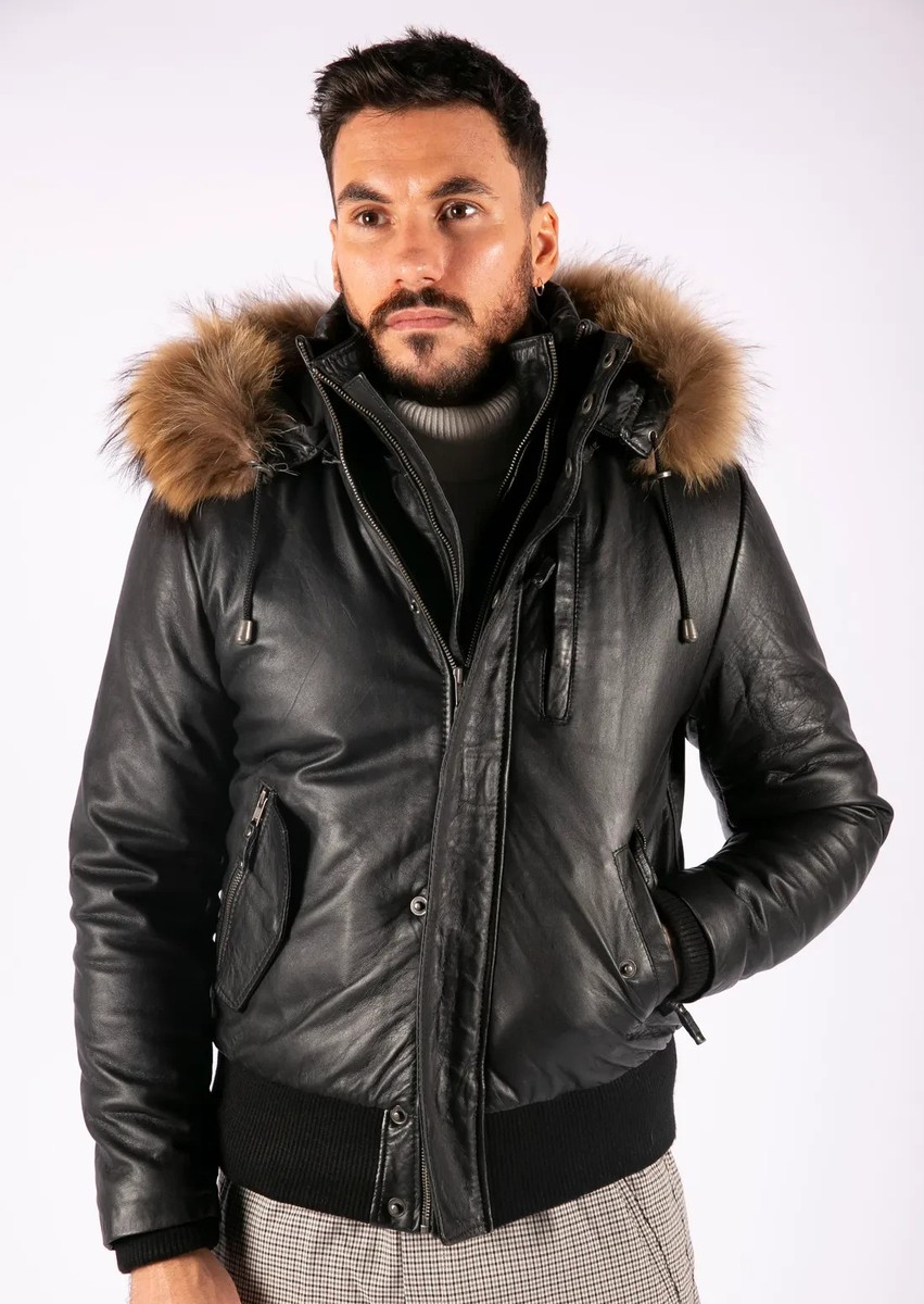 Men's Real Lambskin Leather Jacket Removable Fur Hood Black Bomber