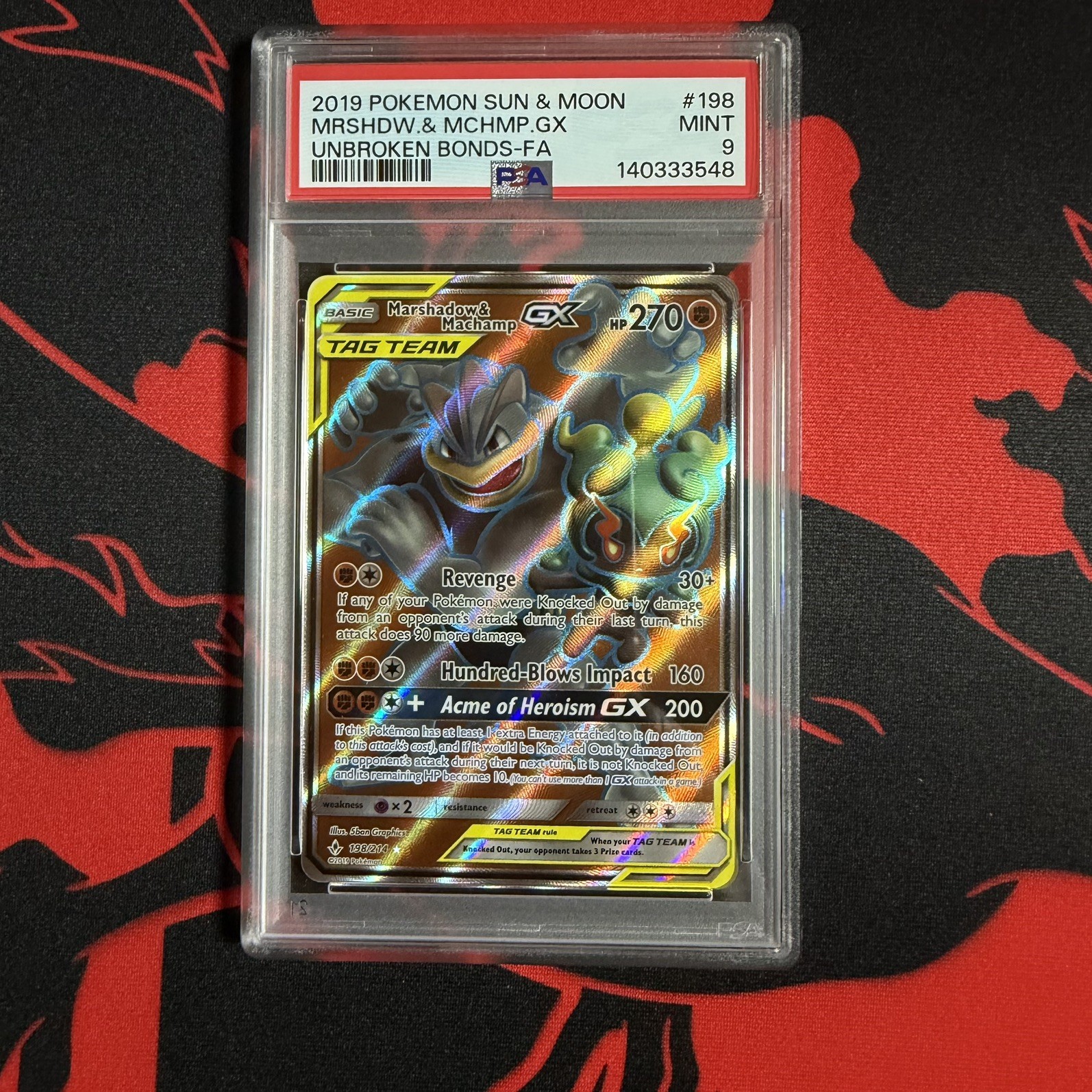 PSA 9 Marshadow & Machamp GX Full Art Unbroken Bonds 2019 Pokemon Card #198