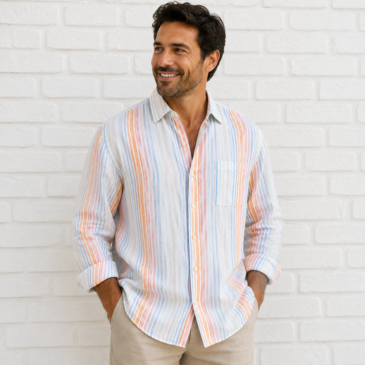 Caribbean XL 100% Linen Multicolor Stripe Button Front Shirt Beach Resort
