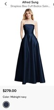 Alfred Sung Midnight Navy Strapless Satin Tuxedo Gown Size 8 $125