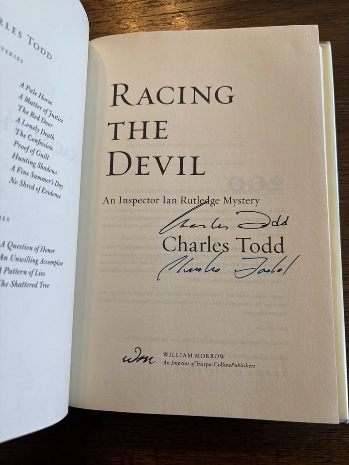 SIGNED x2 Racing The Devil by Charles Todd 1st Printing First Edition 2017 HCDJ - Image 2 of 4