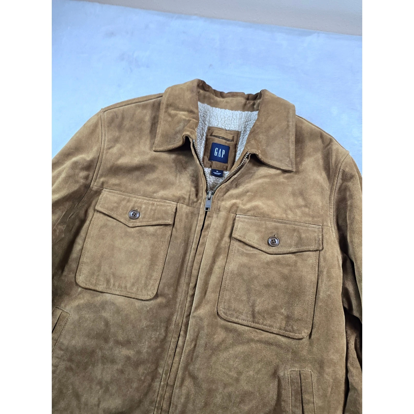 Vintage GAP Leather Suede Sherpa Jacket Mens XL Tan Brown Zip Car Coat Trucker image 4