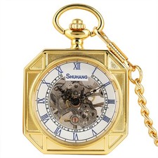 Octagon Shape Pocket Watch Skeleton Mechanical Hand-Wind Roman Dial Unisex Chain