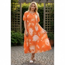 Simply Vera Wang Maxi Dress Plus Sz 2XL Coral Flowy Puff Sleeve Tropical Floral