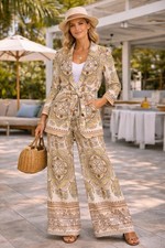 ZARA Set 2 Pezzi Giacca Blazer e Pantaloni Gamba Larga Boho Resort L