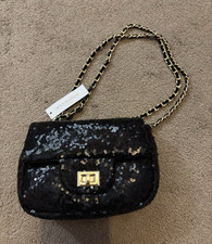 Accessorize Black Sequin Small Crossbody Bag Gold Chain Strap Turn Lock