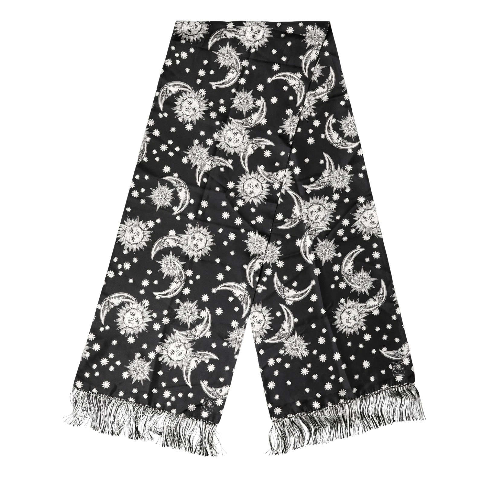 DOLCE & GABBANA Scarf Black Silk Sun Moon Star Fringe Foulard 178cm X 33cm $310