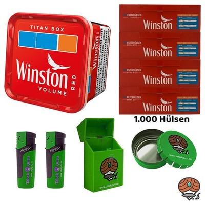 Winston Red/Rot Tabak Titan Box 260g, Extra Hülsen, Feuerzeuge, Ascher, Box