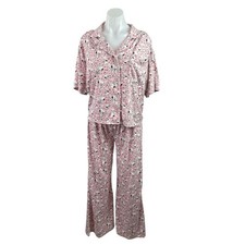 Munki Munki Peanuts Pink Short Sleeve Button Pants Sleepwear Pajamas Set Size M