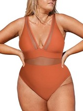 Women's Plus Size One Piece Swimsuit V Neck Mesh Sheer Tummy Control, Plus 0X