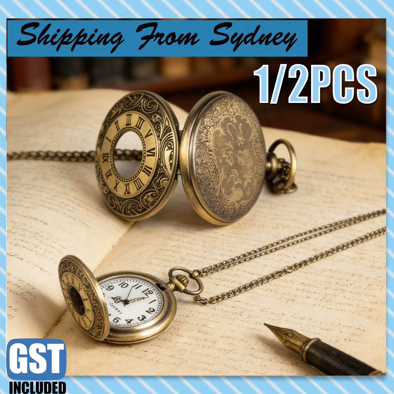 Antique Retro Mechanical Skeleton Steampunk Mens Pocket Watch Open Case Chain AU
