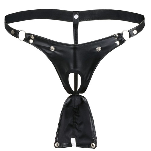 Mens Faux Leather Open Front Panties G-string Sexy Underwear with Buckle Cutout - Picture 13 of 23