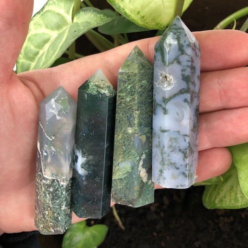 Green Moss Agate stone crystal healing tower pyramid point obelisk wand rock - Picture 7 of 11