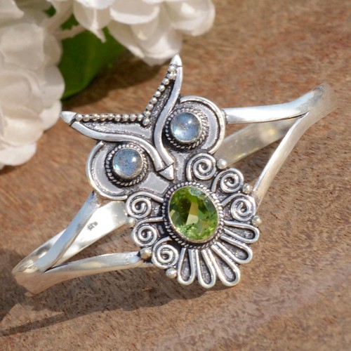 Faceted Peridot & Labradorite Gemstone 925 Sterling Silver Bracelet New Jewelry - Picture 5 of 9