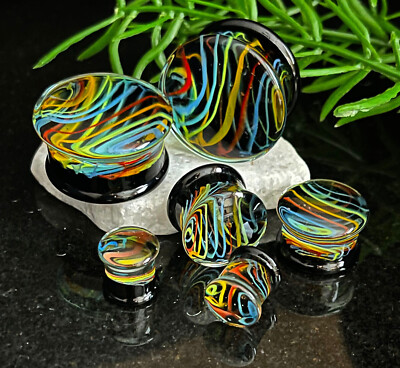 PAIR Neon Rainbow Swirls Design Pyrex Glass Plugs Gauges Body Jewelry