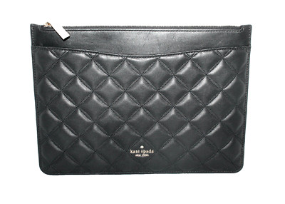 KATE SPADE Natalia Large Quilted Zip Pouch Clutch Black Leather WLR00258