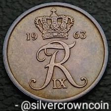 Denmark 🇩🇰 1 Ore 1963 C❤S. KM#846. BRONZE One Cent coin. Frederick IX Key Date