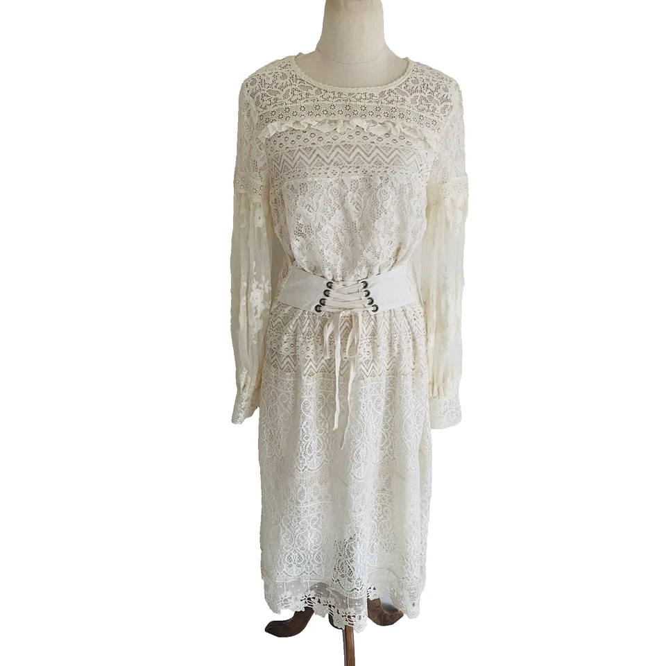 Spell & the Gypsy Dawn Lace Dress Size M Belted Cream Off White Bridal Hens - image 4 of 4