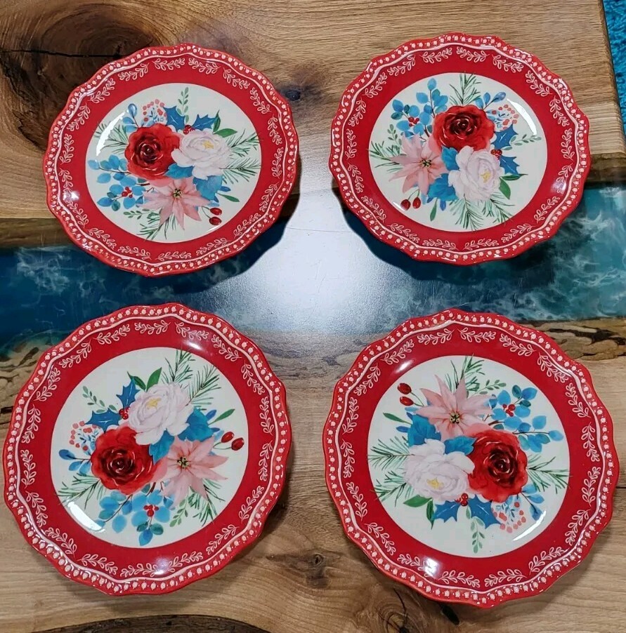 Wishful Winter Plates The Pioneer Woman Rose Red Appetizer New! (4