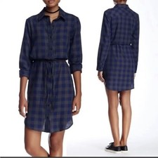 Anthropologie Ro & De Blue Gray Plaid Cotton Belted Dark Academia Shirtdress M