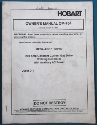 HOBART MEGA-ARC 3020G WELDING GENERATOR OPERATION & MAINTENANCE