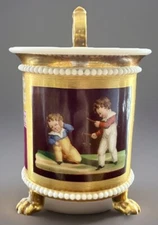 1800s SEVRES STYLE COFFEE CUP CAN JEWELED  5.25”H HAND PAINTED CHILDREN
