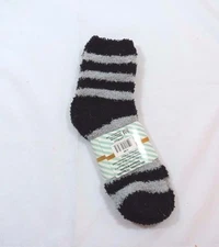 Slipper Fuzzy Striped Crew Socks Womans Black Gray Stripes Size 9-11 Soft Cozy