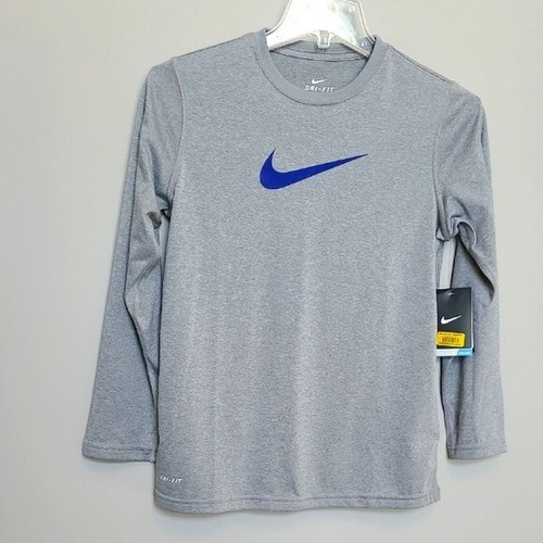 Nike Gray Long Sleeve Top Blue Swoosh Boys Medium Dri Fit style 42579 - 第 1/5 張圖片