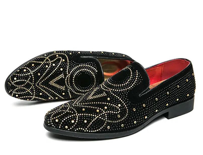 SAOLA Abito da smoking uomo retrò oro strass punta punta mocassini scarpe da festa