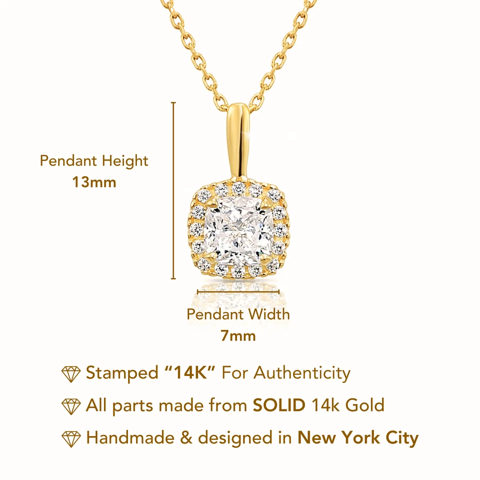14K Real Solid Yellow Gold Cushion-Cut Halo CZ Pendant Charm Necklace 18 in - Image 3 of 4
