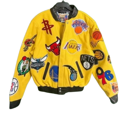 Jeff Hamilton NBA Teams Logo Patch Wool Leather Jacket Yellow Men