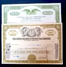 TWO STOCK CERTIFICATES A & P  &  NTL. ALFALFA DEHYDRATING & MILLING CO.
