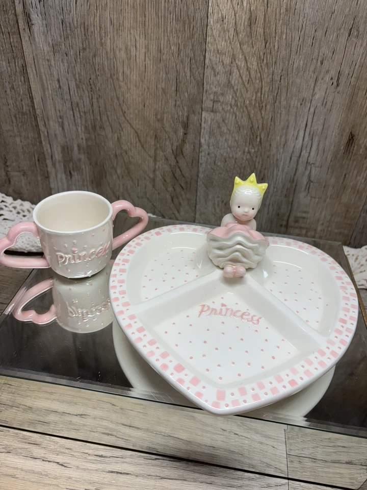 LINDO PASTEL DE BARRO PRINCESA CORONA ROSA Y BLANCO NIÑOS DIVIDIDO PLACA Y TAZA DE CERÁMICA  Foto 4 de 4
