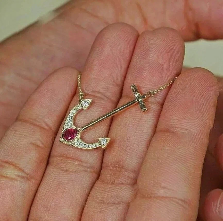 2.0Ct Rd Cut created Diamond Ruby Women's Anchor Pendant 14K Yellow Gold Plated - Image 2 of 4