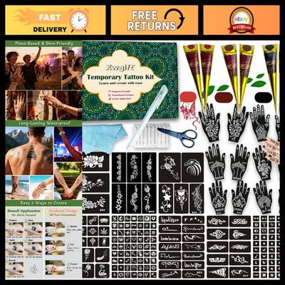 191 Pcs Temporary Tattoo Stencils Kit with 6 Colorful Ink Cones - Body Art Suppl