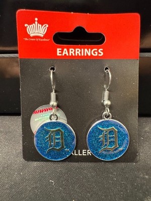 MLB Detroit Tigers Blue Glitter Dangle Earrings Hypo Allergenic Licensed