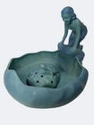 Van Briggle Lady At The Lake Turtle Flower Frog Bowl Turquoise Blue Art Pottery