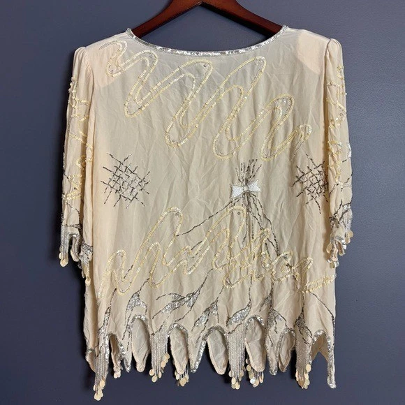 复古 80 年代 90 年代 Argenti 100% 真丝串珠衬衫上衣象牙白银色蝴蝶结亮片 M — 第 2/4 张图片