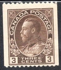 Canada Stamp Scott #134, 3c, King George V, Perf 12 Horz Coil, OG, MNH SCV$35.00