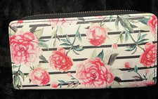 Karma zip around 8" x 4" wallet with pink flowers on ecru backgrounds, new