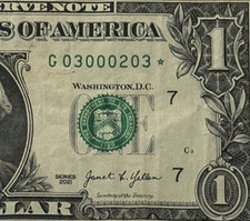 G Star Note Fancy Serial Number One Dollar Bill G03000203* Chicago